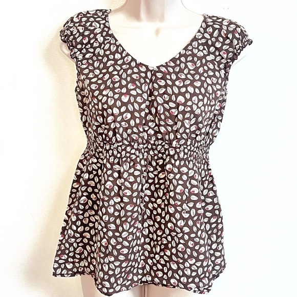 Oh Baby! Motherhood Maternity cap sleeve cotton v neck blouse top brown white - Picture 1 of 7